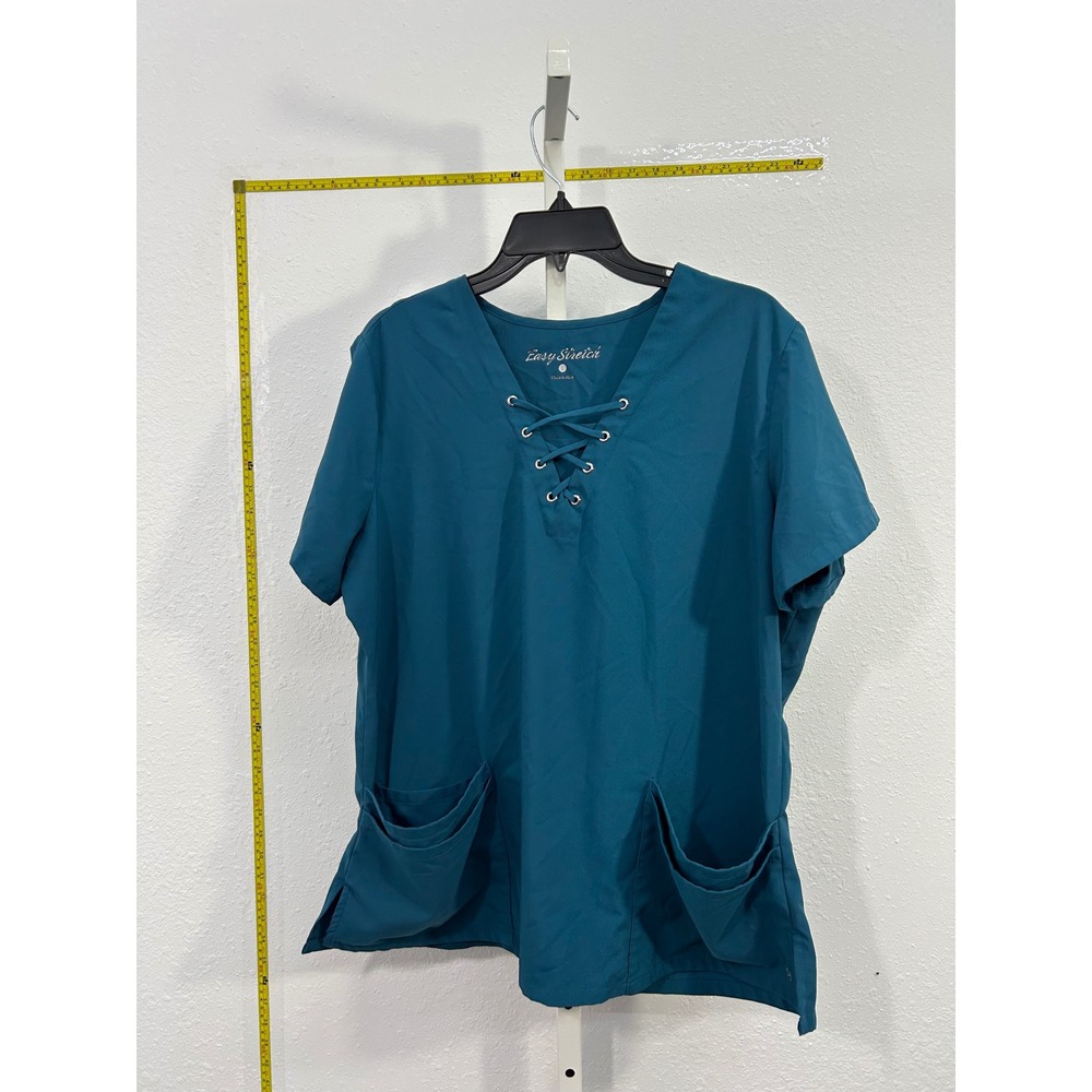 Easy Stretch Teal Blue Lace Up V-Neck ScrubTop Womens Large Short Sleeve Pockets